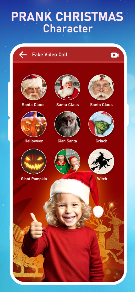 Prank Call - Santa Coming - A mobile app interface showing various prank call characters like Santa Claus, the Grinch, and a witch, featuring a smiling girl in a Santa hat.