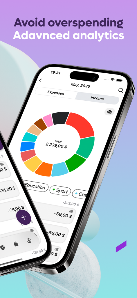 MoneySaver: Budget Planner App - MoneySaver app interface showing a colorful donut chart for expense analytics and budget tracking