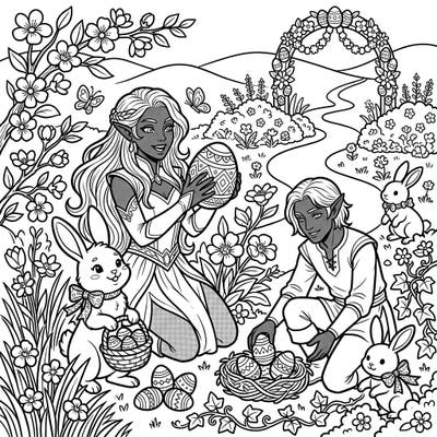 Explore a whimsical world where Dark Elves celebrate the joy of Easter amidst blooming flowers and playful bunnies. This delightful coloring page offers a unique fantasy twist on traditional springtime fun, perfect for young artists.