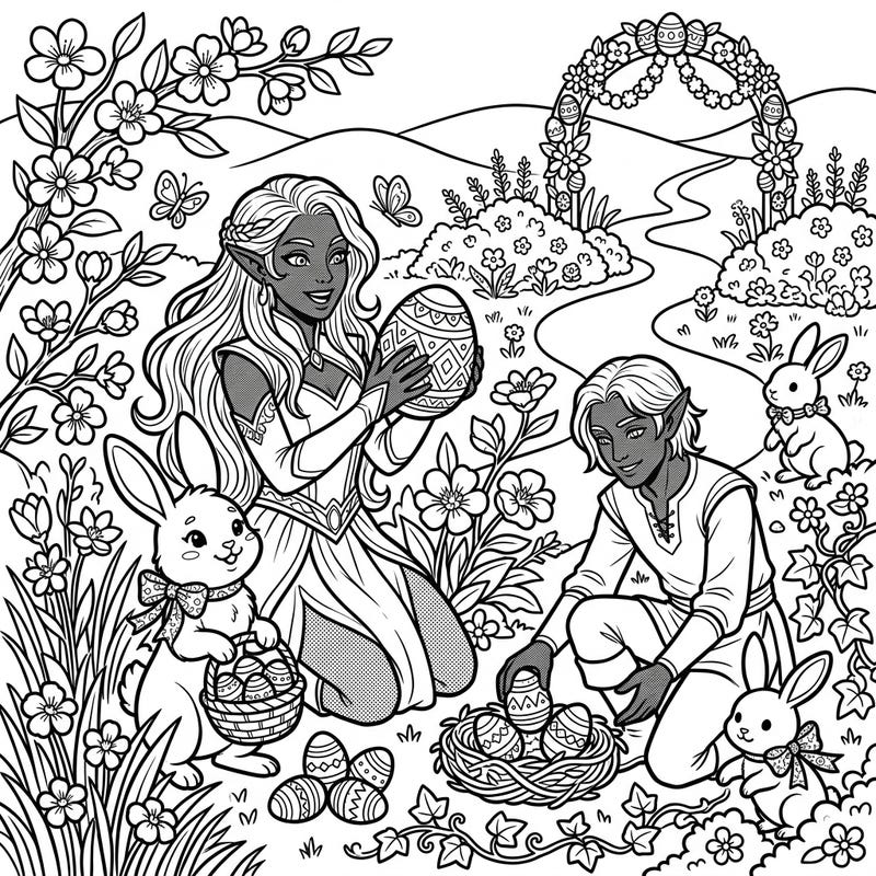 Explore a whimsical world where Dark Elves celebrate the joy of Easter amidst blooming flowers and playful bunnies. This delightful coloring page offers a unique fantasy twist on traditional springtime fun, perfect for young artists.