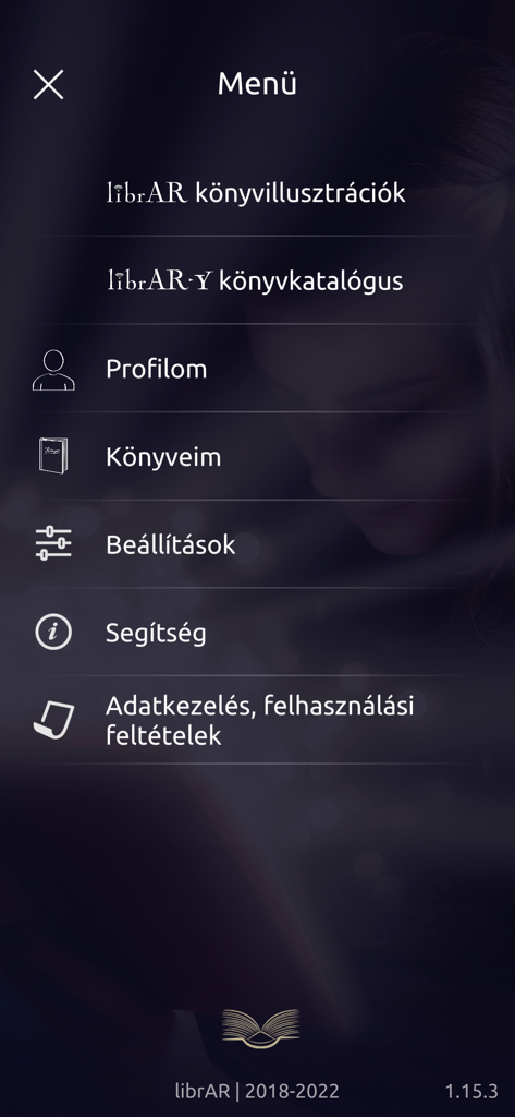 The main menu of the librAR mobile app featuring navigation options for augmented reality book content and catalog
