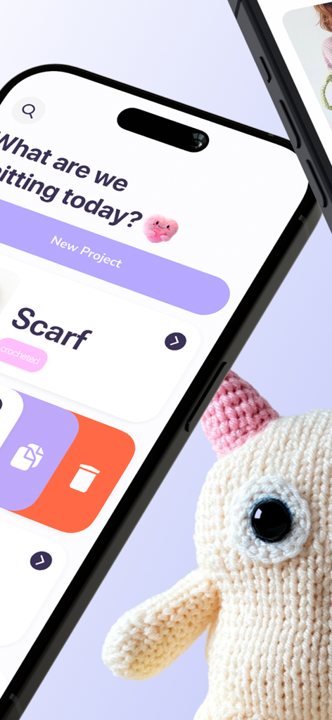 Knit It: Rows & Stitch Counter - The Knit It mobile app interface on a smartphone screen showing project organization next to a knitted toy