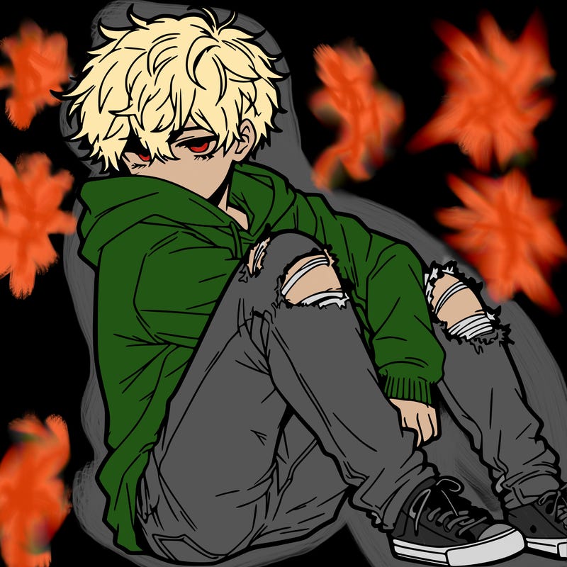 a male hoddie ripped jeans messy hair anime