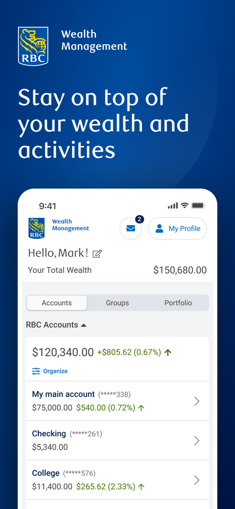 RBC WM Online U.S. - Dashboard of the RBC Wealth Management app showing total wealth and account balances.