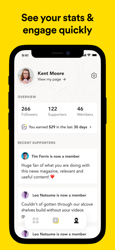 Buy Me a Coffeeアプリのクリエイターダッシュボード。統計情報と最近のサポーターメッセージが表示されています。