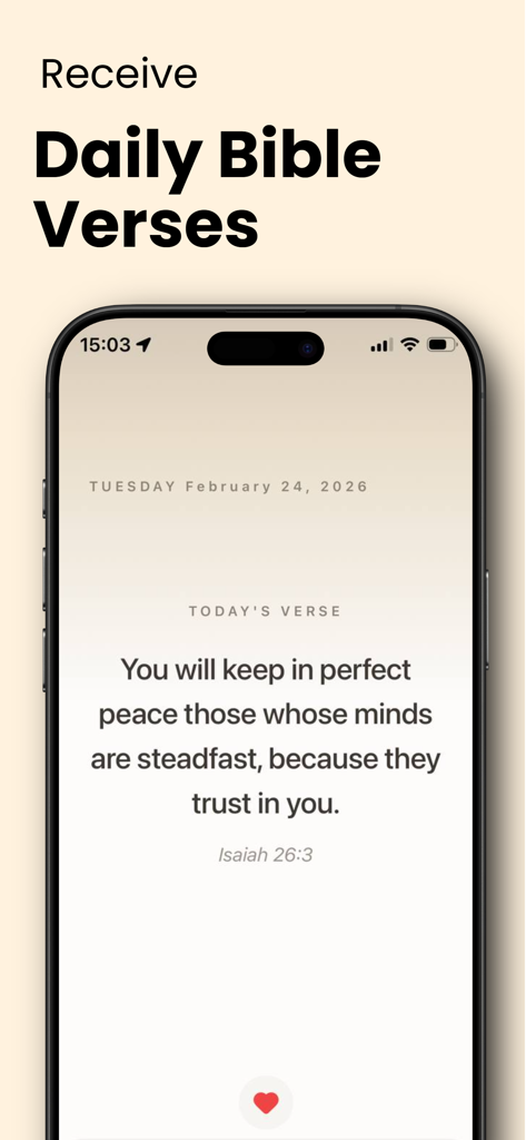 Daily Bible Verse: HolyWord - Interfaz de la aplicación HolyWord de versículos bíblicos diarios que muestra el versículo Isaías 26:3.