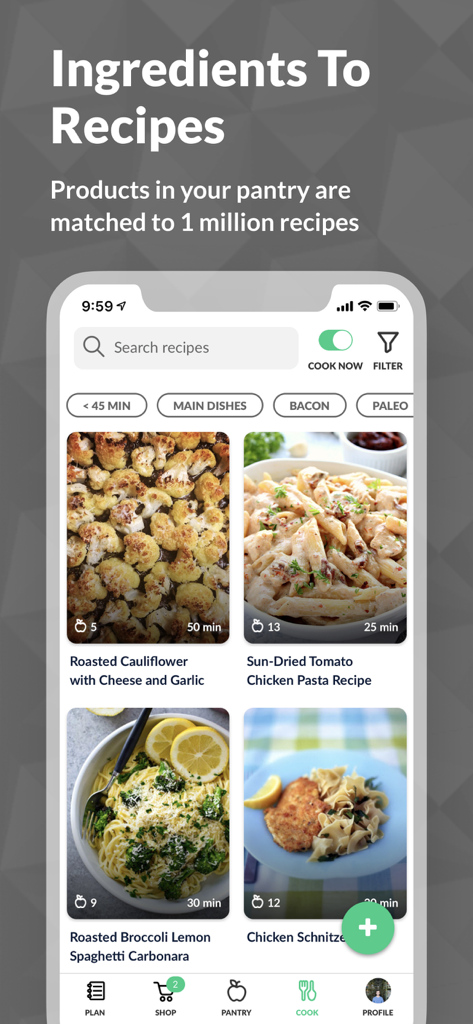 Cooklist app interface showing recipes like chicken pasta and roasted cauliflower matched to available pantry ingredients