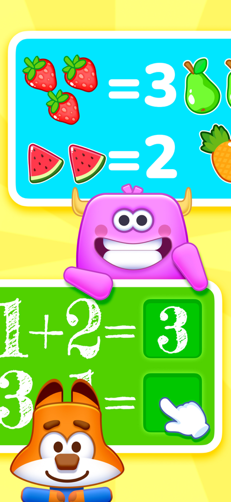 Smart Kids: Learning Games - Interactive math learning screen for kids featuring fruit counting and simple addition puzzles with friendly characters