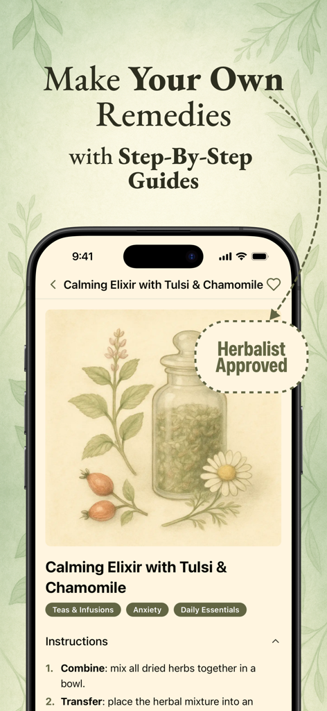 Verda: Home Apothecary - Pantalla móvil mostrando instrucciones paso a paso para un elixir herbal calmante