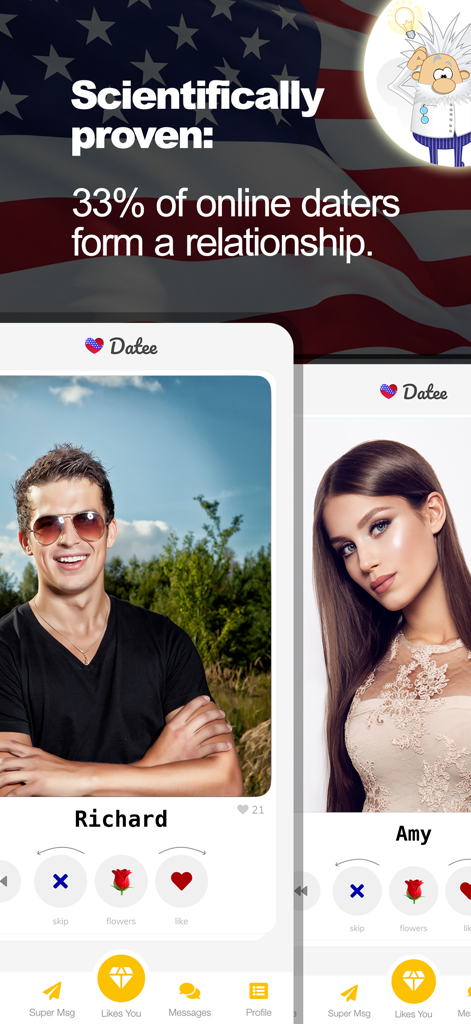 USA Dating - Datee - USA Dating Datee app interface displaying user profiles and online dating statistics against an American flag background