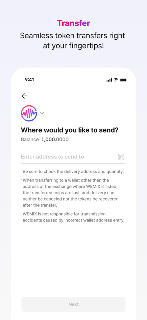 WEMIX PLAY app interface for seamless token transfers showing balance and destination address input