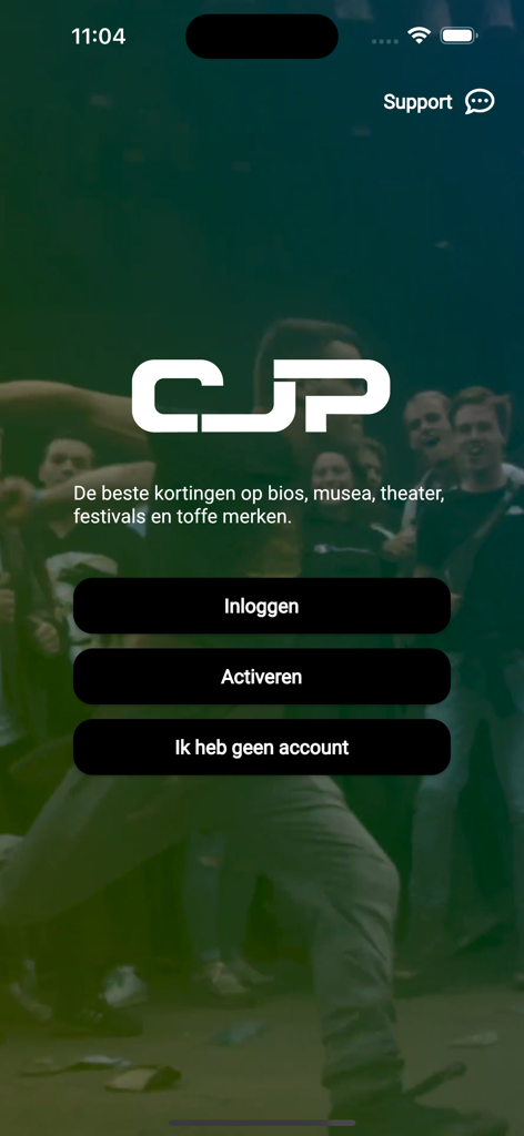 CJP mobile app login screen with background image of young people at a concert