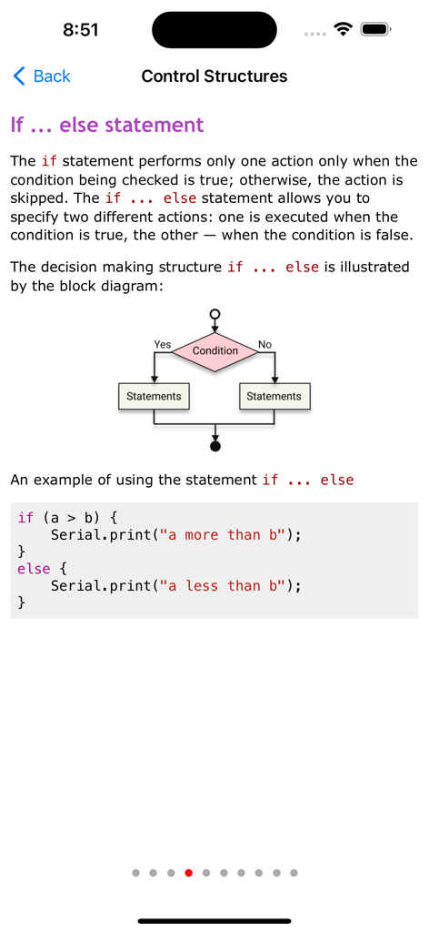 Arduino Programming Tutorial - Arduino programming tutorial screen explaining the if else statement with a logic flowchart and code example