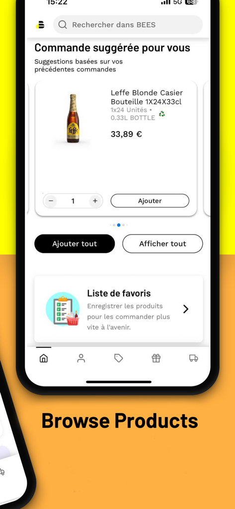 Um ecrã de smartphone exibindo a aplicação BEES Africa com uma encomenda sugerida de cerveja Leffe Blonde e uma secção de navegação de produtos.