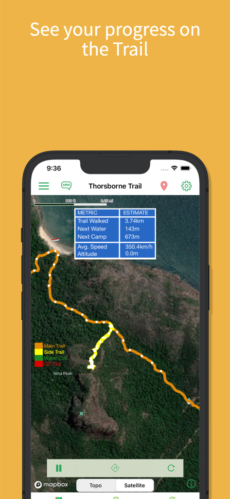 Une interface d'application mobile montrant une carte satellite du sentier Thorsborne avec un tableau de bord pour la distance du sentier, la prochaine source d'eau et l'emplacement du camping.