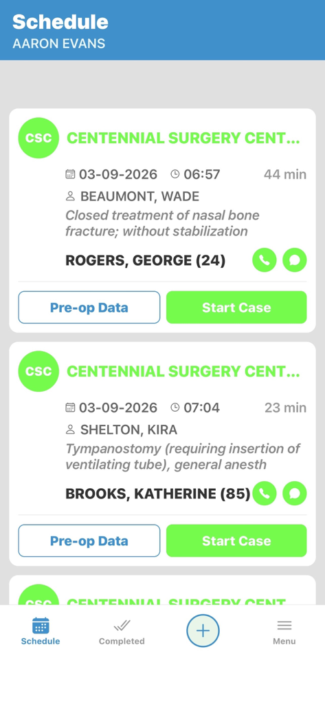 Vertex Medical Solutions - Vertex Medical Solutions mobile app daily schedule screen showing surgical cases and patient details