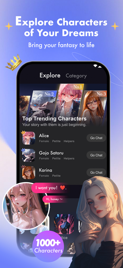 SoulTalk: Character AI Chat - SoulTalk app interface showing top trending anime AI characters for virtual roleplay chat