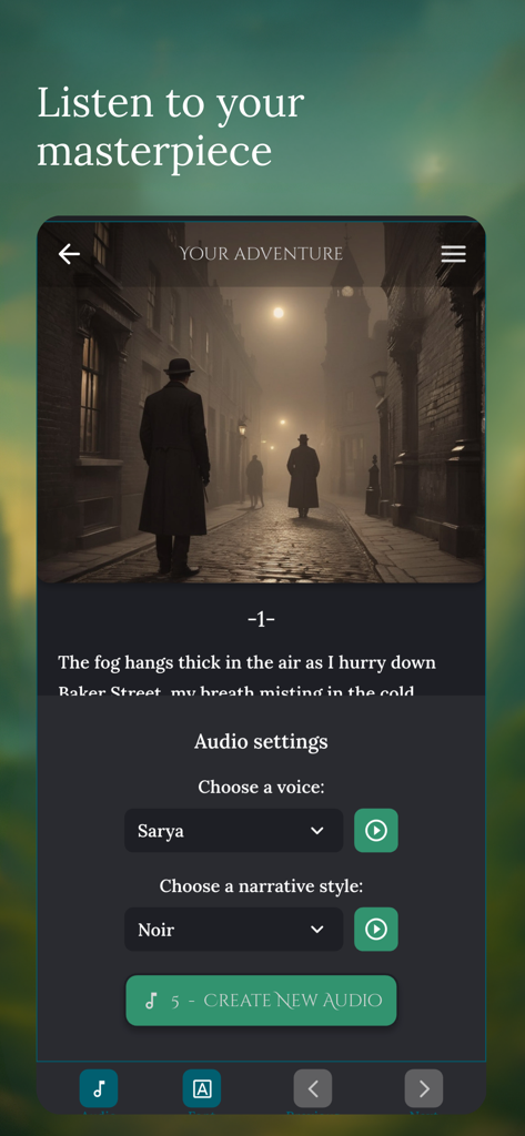 StoryZone app screen showing audio settings to choose a voice and narrative style for an AI generated story.