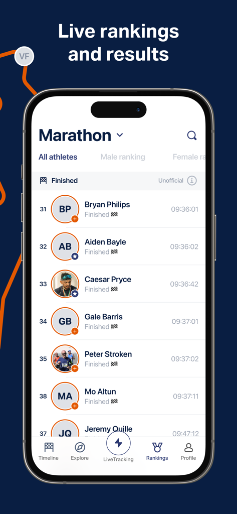Écran de smartphone montrant les classements du marathon en direct et les temps d'arrivée des athlètes dans l'application Sofico Gent Marathon.