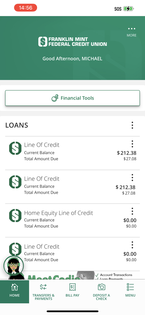 Oberfläche der Franklin Mint Federal Credit Union Mobile App, die eine Liste von Darlehenskonten einschließlich Kreditlinien und Guthaben anzeigt.