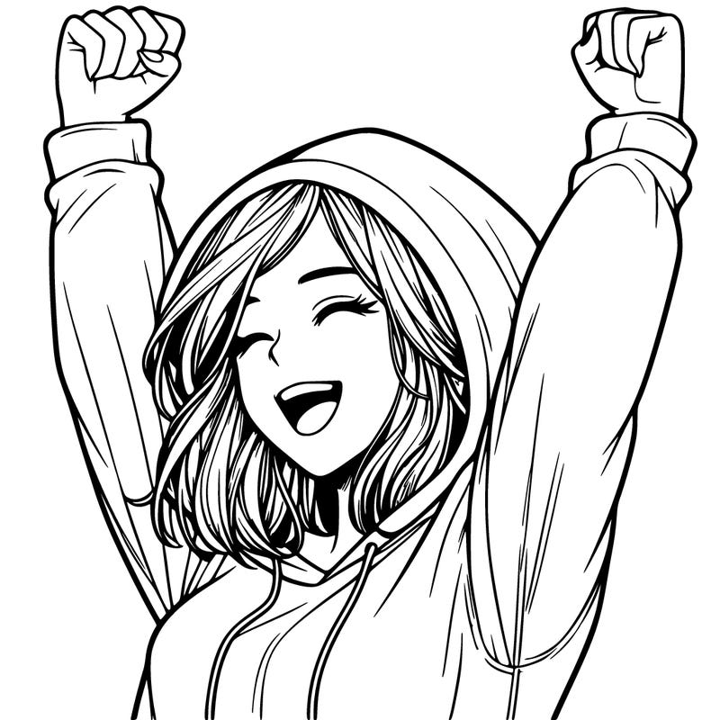 realistic girl with shoulder length hair wearing a hoodie celebrating