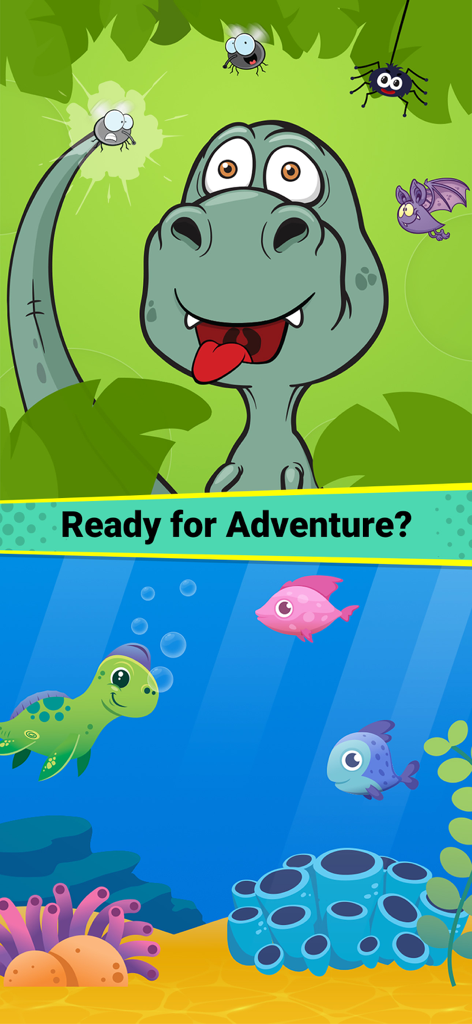 Dinosaur games for kids 3-8 - Colorful cartoon dinosaurs in jungle and underwater environments ready for adventure