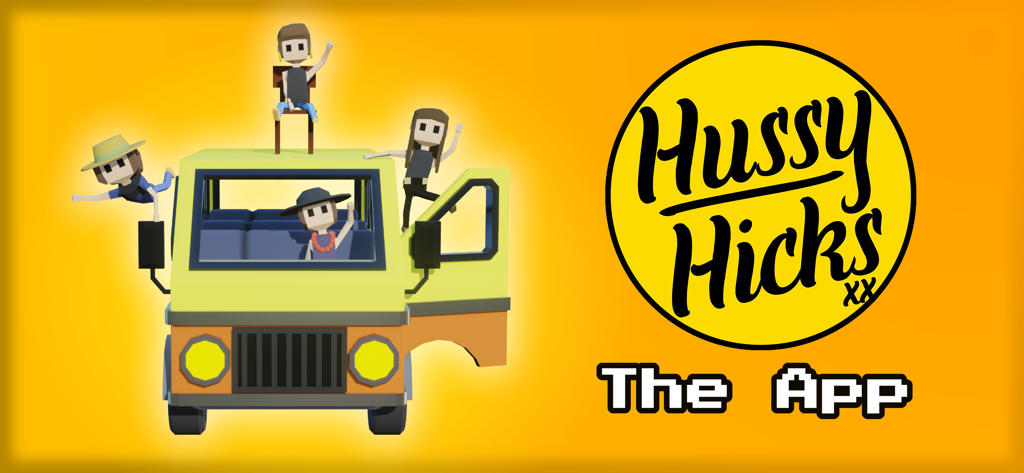 Hussy Hicks - Hussy Hicks app promotional banner featuring stylized band characters and a yellow tour van