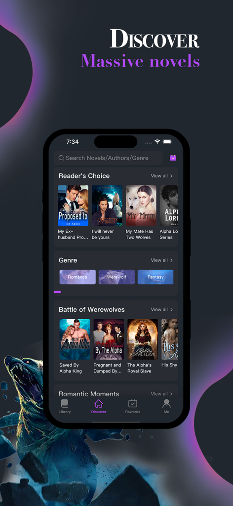 Bounovel - Interface do aplicativo móvel Bounovel exibindo webnovels populares de romance e lobisomens em várias categorias como Escolha dos Leitores e Batalha de Lobisomens.