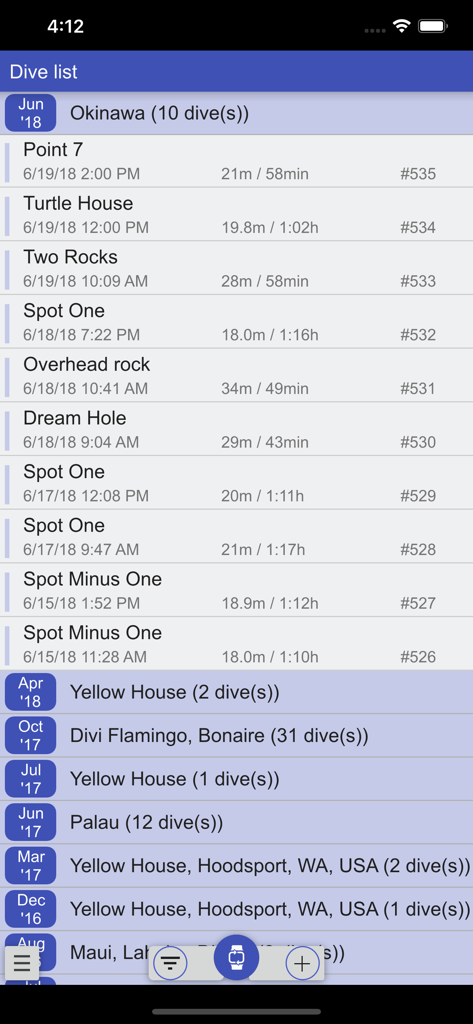 Dive log list view showing scuba diving history and locations