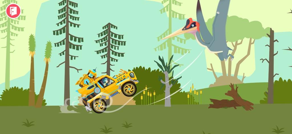 Dinosaur Guard Games for kids - A yellow off-road truck chasing a flying pterosaur through a cartoon forest.