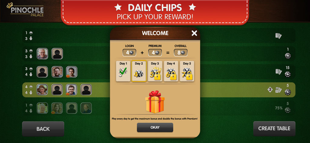 Pinochle Palace App zeigt einen Willkommensbildschirm für tägliche Chip-Belohnungen und aktive Spielertische.