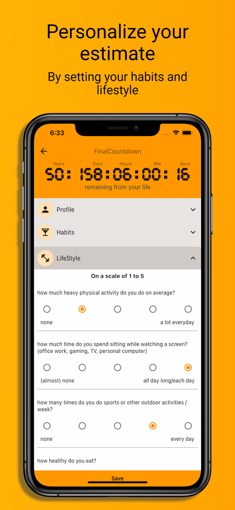 FinalCountdown Bucket List App - FinalCountdown app screen showing lifestyle survey to personalize life expectancy estimate