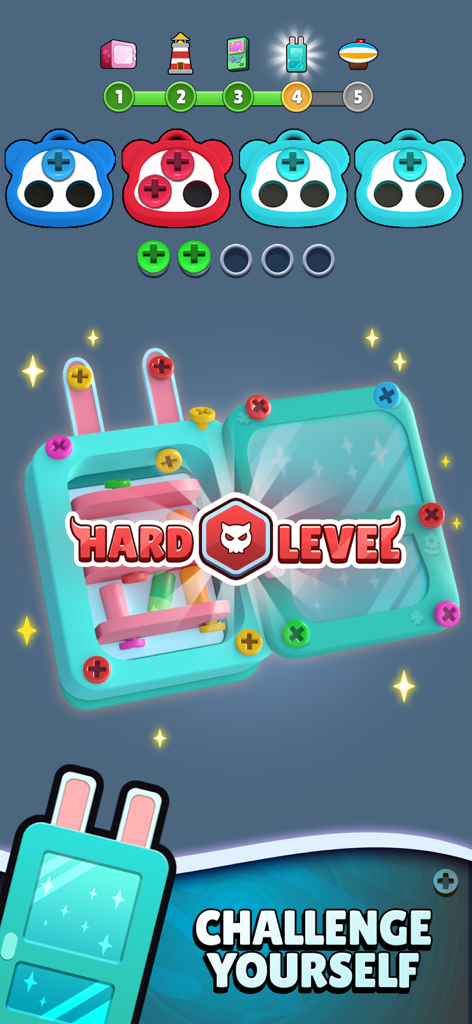 Gameplay screenshot of Color Bolts Sort showing a hard level with colorful screws on a 3D mechanical object.