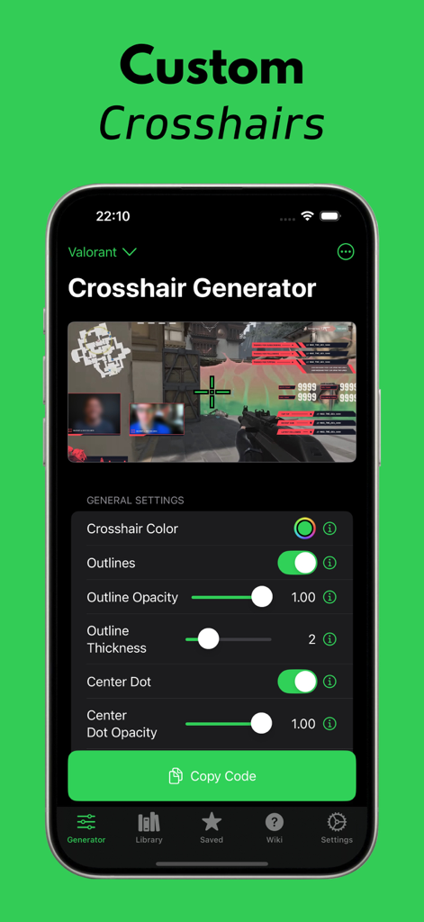 Custom Crosshair: Aimiks v2 - Interfaz del generador Custom Crosshair Aimiks que muestra la configuración de personalización y una vista previa del juego Valorant.