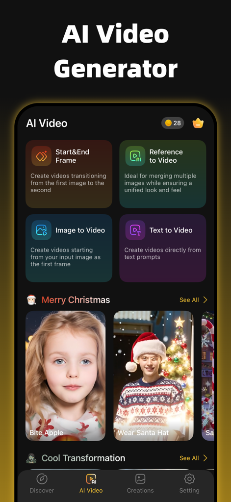Interface of the PixDream app showing AI video generation options including text to video and image to video