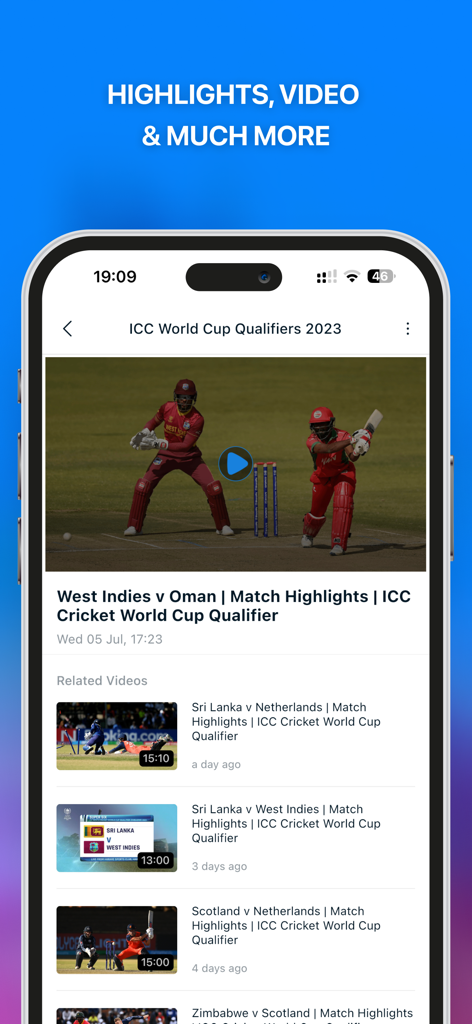 SuperSport - SuperSport app screen displaying ICC World Cup Qualifiers cricket video highlights.