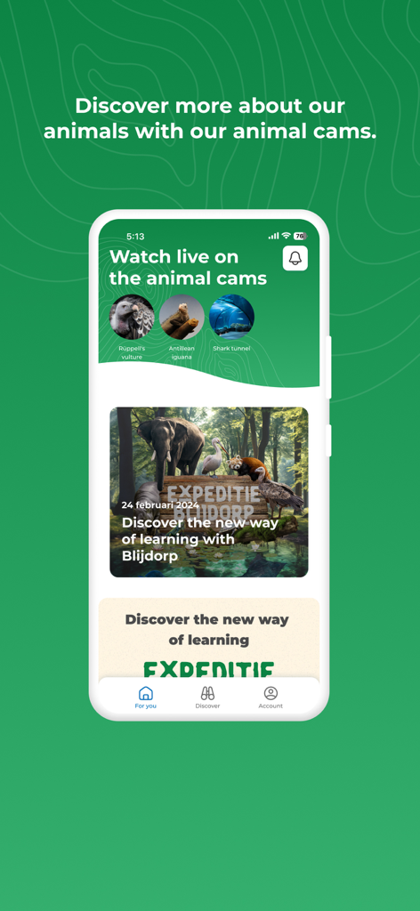 Rotterdam Blijdorp Zoo - Rotterdam Blijdorp Zoo app interface showing live animal cameras and educational expedition