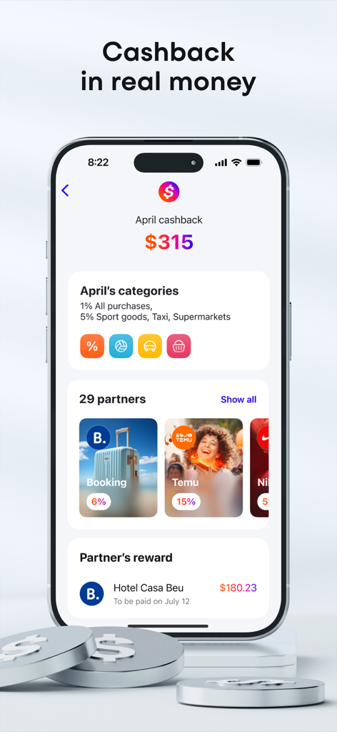 Plata Card mobile app interface showing real money cashback rewards and partner shopping categories