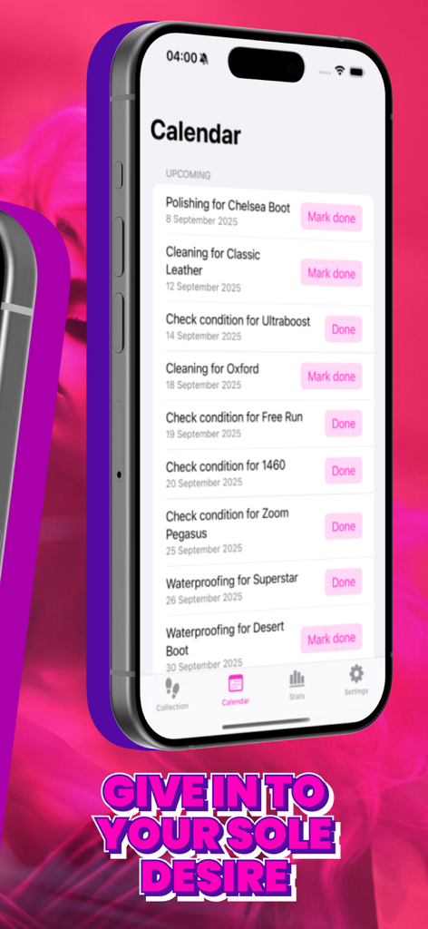 FF - Feet Find Collect - A mobile app interface displaying a calendar of shoe maintenance tasks like cleaning and polishing for a sneaker collection.