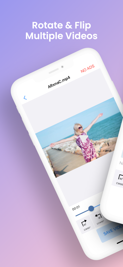 Smartphone screen displaying the rotate and flip video editing features
