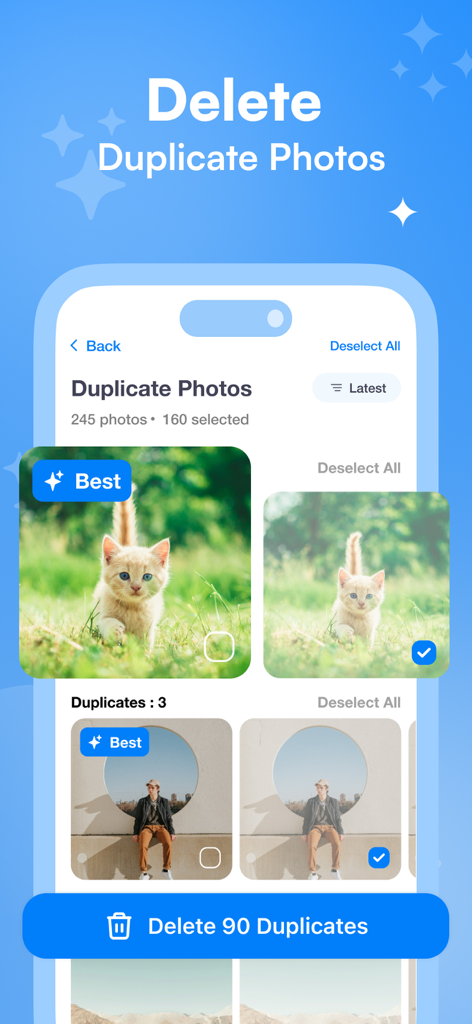 Interfaccia dell'app iCleanup che mostra la funzione di rilevamento ed eliminazione di foto duplicate