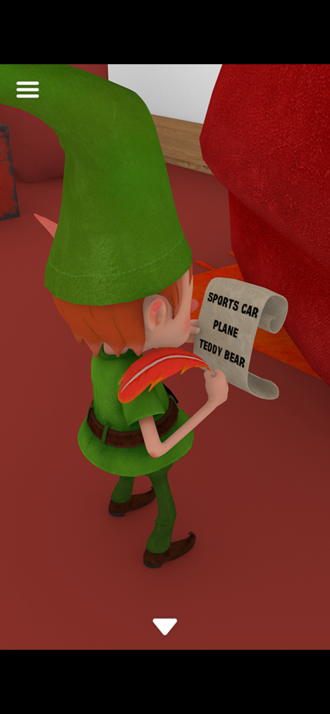 Escape Game: Ho Ho Ho! - Ein niedlicher 3D-Elfencharakter, der eine Weihnachtsgeschenkeliste und eine rote Federkiel hält.