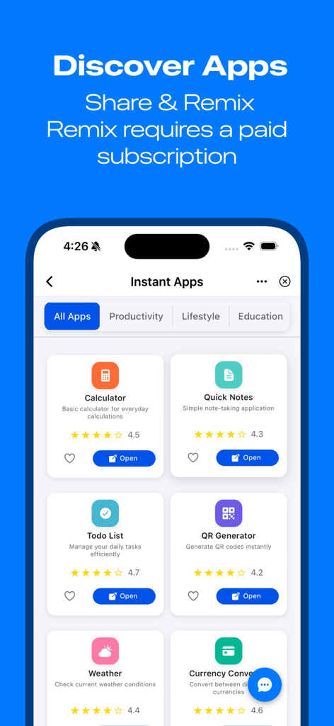 Morphix AI app screen showing a marketplace of instant apps like calculator quick notes and todo list