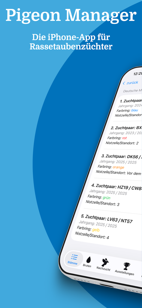 Pigeon Manager - Pigeon Manager app screenshot showing a list of breeding pairs with nesting and ring color information
