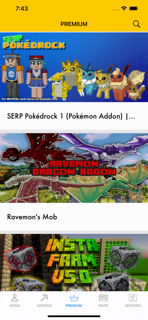 Premium section of the Addons for Minecraft app showing various game mods and creatures