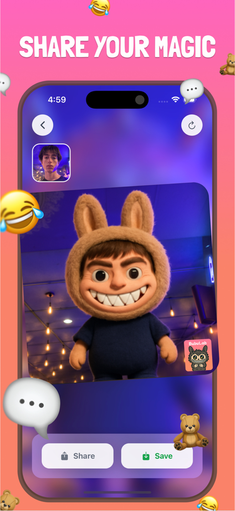 BubuLab: AI Bubu Generator - BubuLab app interface featuring an AI-generated fuzzy doll character with share and save buttons.