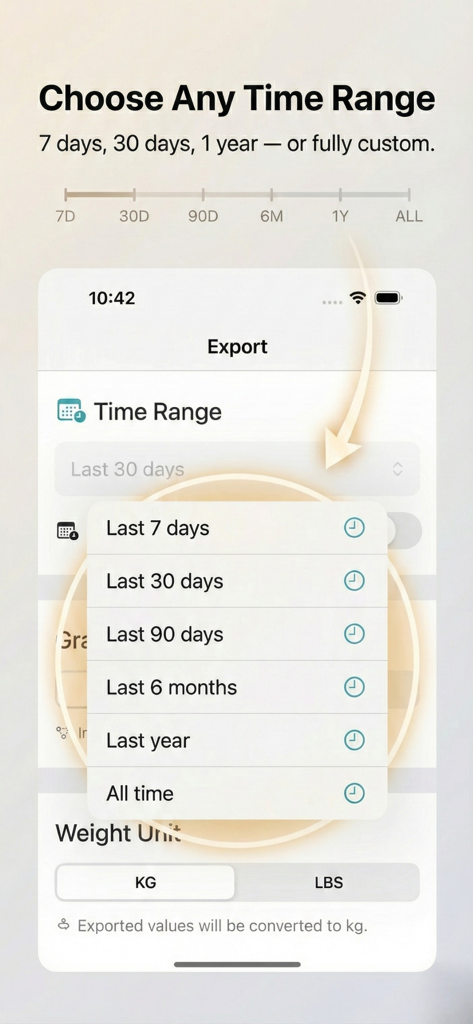 Health Data Export AI Analyzer - Interface for selecting a time range to export Apple Health data