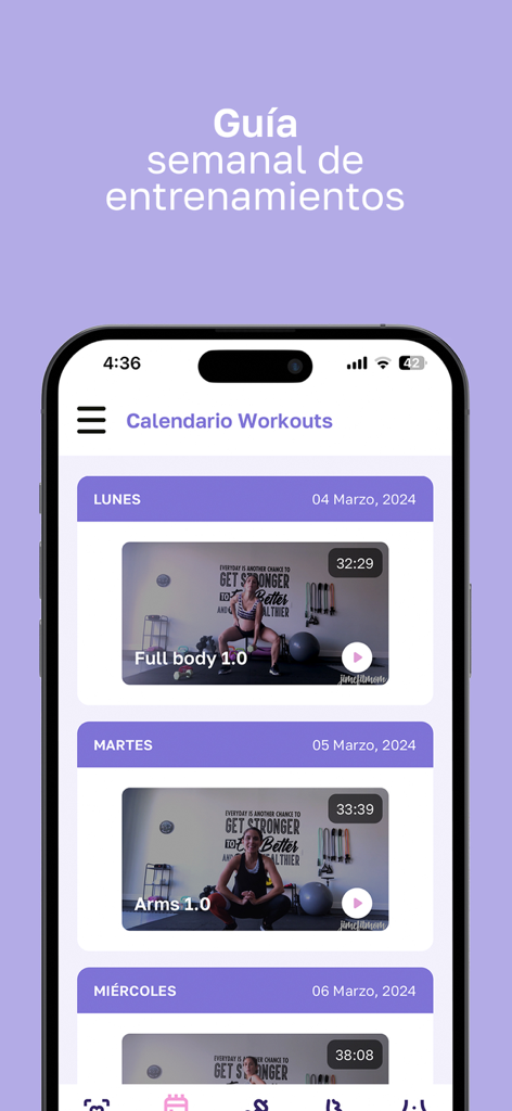 JimeFitMom: Pre y Posnatal - JimeFitMom app interface showing a weekly functional workout calendar for prenatal and postnatal fitness.