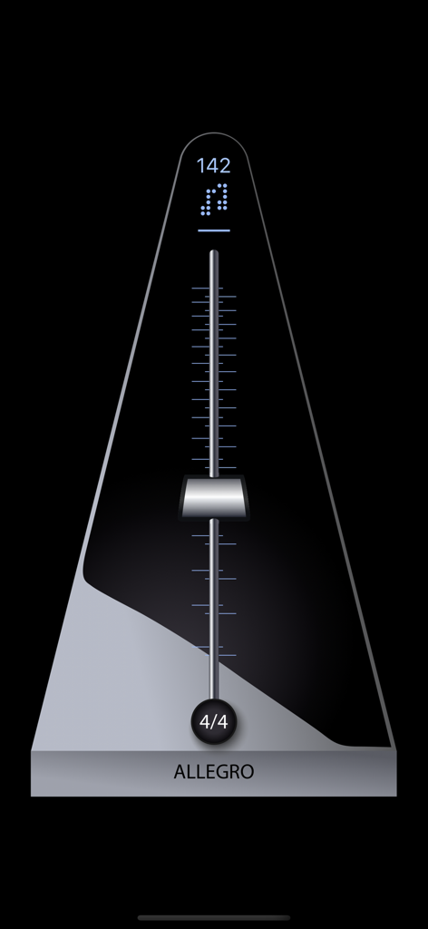 Metronome - reloaded - Digital metronome interface featuring a sleek black and silver pendulum design set to 142 BPM and 4/4 time signature