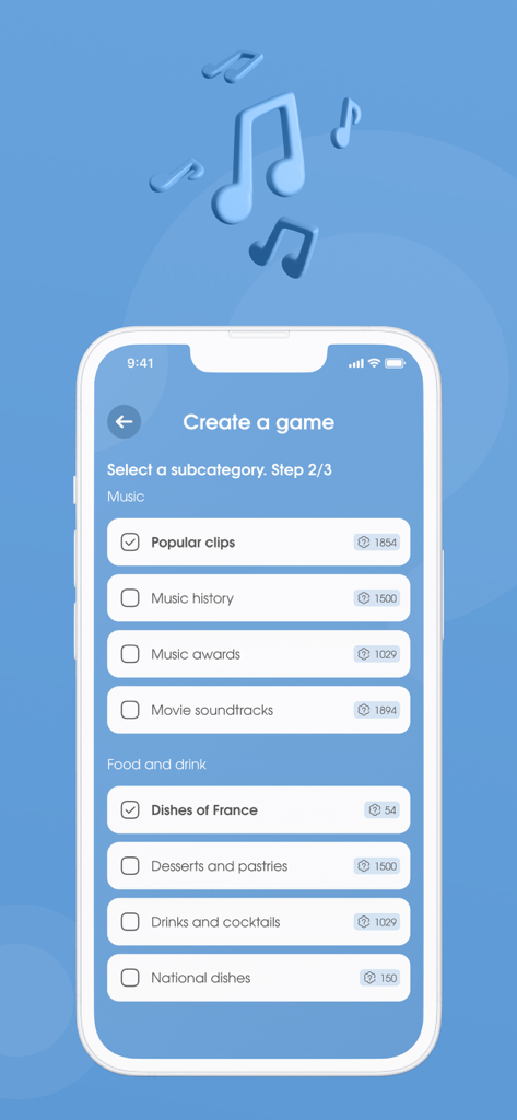 OK Battle - Una captura de pantalla de la aplicación OK Battle que muestra la pantalla de selección de subcategorías para crear un nuevo juego de trivia con categorías de música y comida.